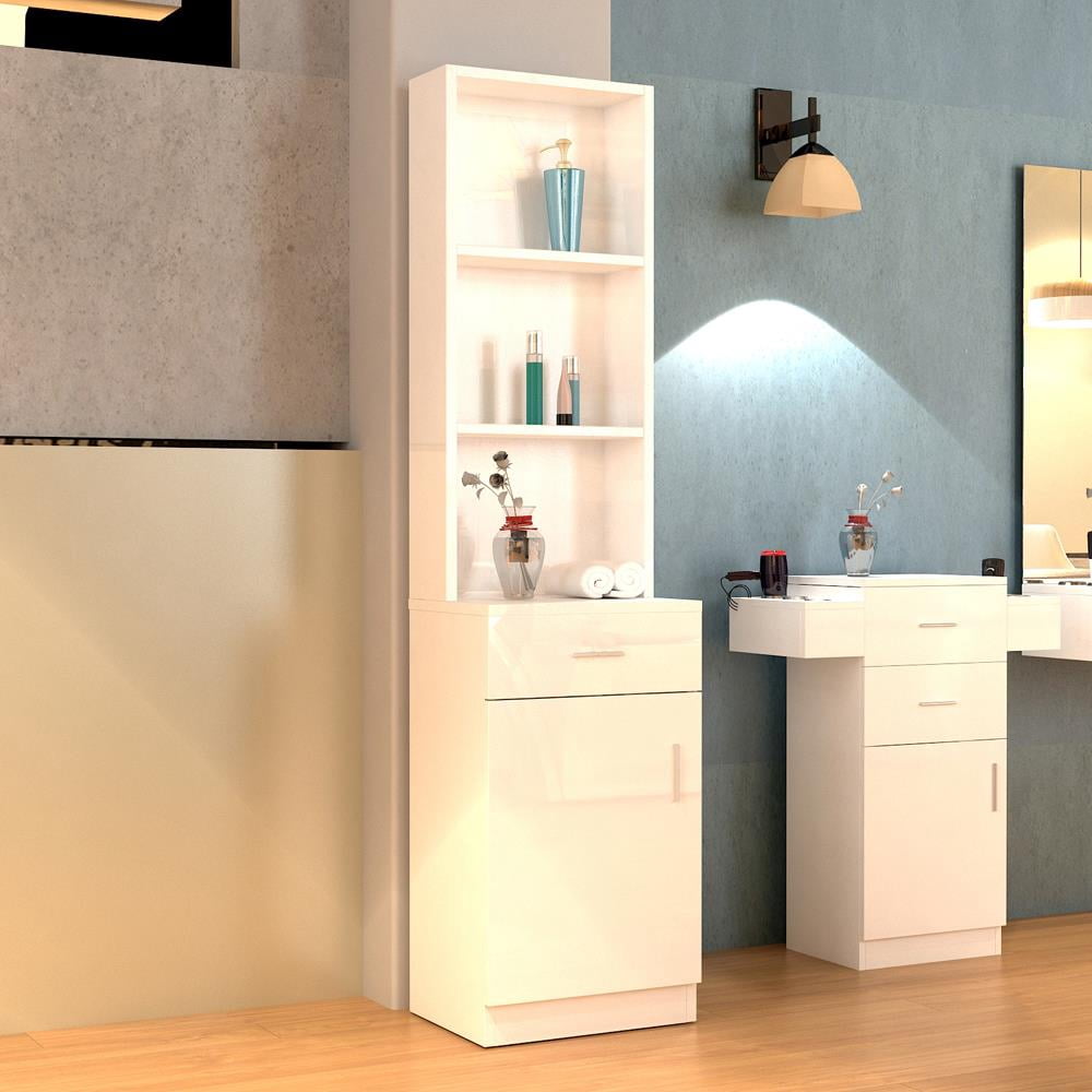 Zimtown Wooden Barber Station Makeup Hair Salon Cabinet, Freestanding Bathroom Tall Cabinet with 5 Storage Shelves & Drawer, White