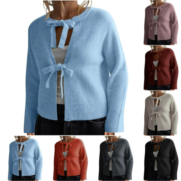 jtjvou Tie Front Knitwear Cardigan Top Women Long Sleeve Open Front Knitted Crop Cardigan Sweater Streetwear Beige L