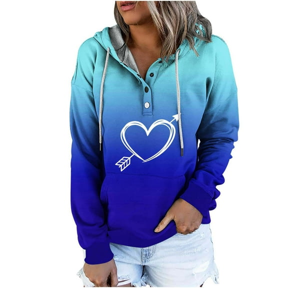 fartey Henley Hoodie for Women 2024 Valentine Day Hoodies Top Trendy Love Heart Gradient Print Sweatshirts With Hood Button Up Hooded Shirts Long Sleeve Kangaroo Pocket Hoodie
