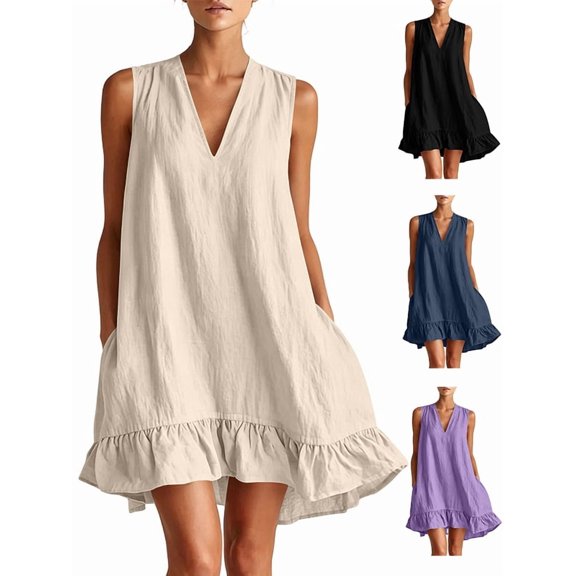 Afuyipoi Womens Cotton Linen Sleeveless Deep V-Neck Mini Dress With Pockets, Loose Ruffle Hem Shift Dress, Soft Breathable Casual Summer Beach Dress For Women Beige Size L