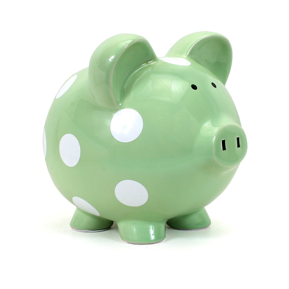 Child To Cherish Large Piggy Bank Green And White Polka Dot