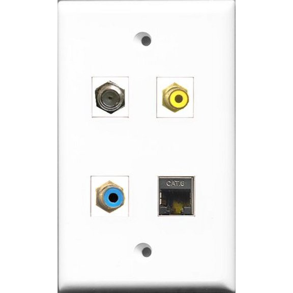 RiteAV 1 Port RCA Yellow and 1 Port RCA Blue and 1 Port Coax Cable TV- F-Type and 1 Port Shielded Cat6 Ethernet Wall Plate