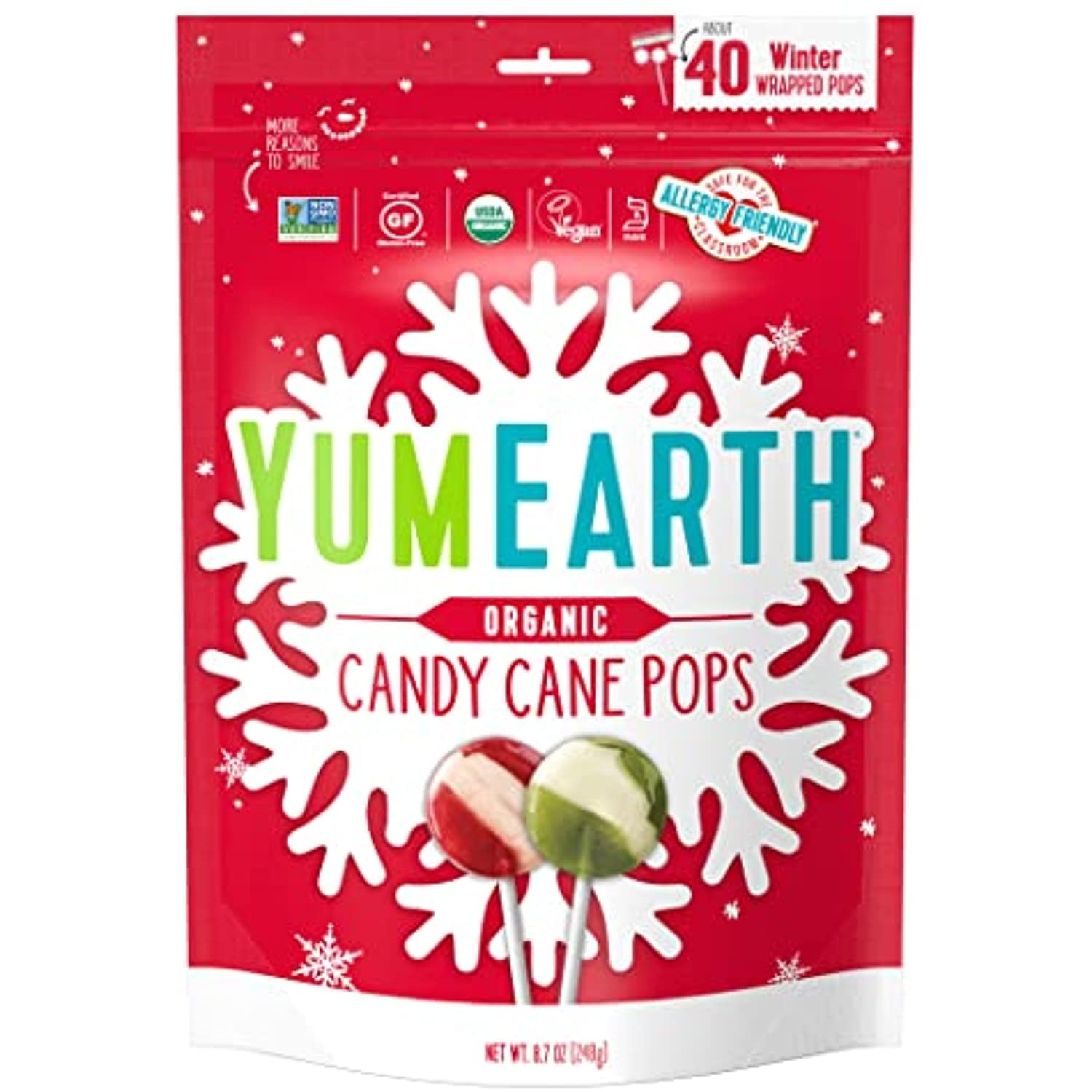 Yumearth Holiday Organic Candy Cane Pops, 40 Winter Wrapped Pops, Allergy Friendly, Gluten Free, Non-Gmo, Vegan, No Artificial Flavors Or Dyes