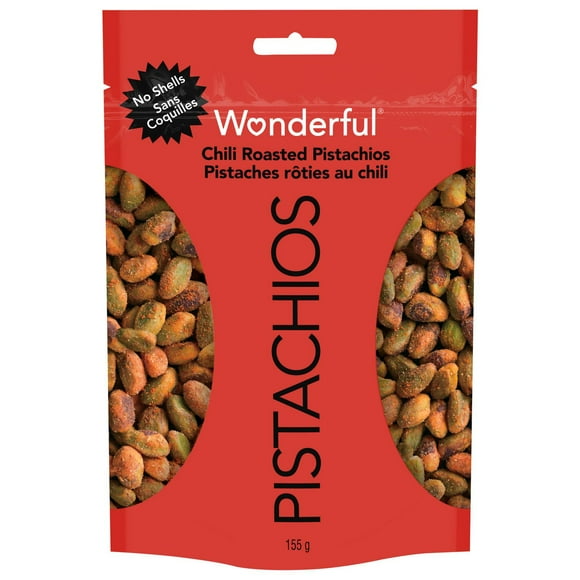 Wonderful Pistachios, sans écailles, rôties au chili, sac refermable de 156 g Pistaches rôties au chili.