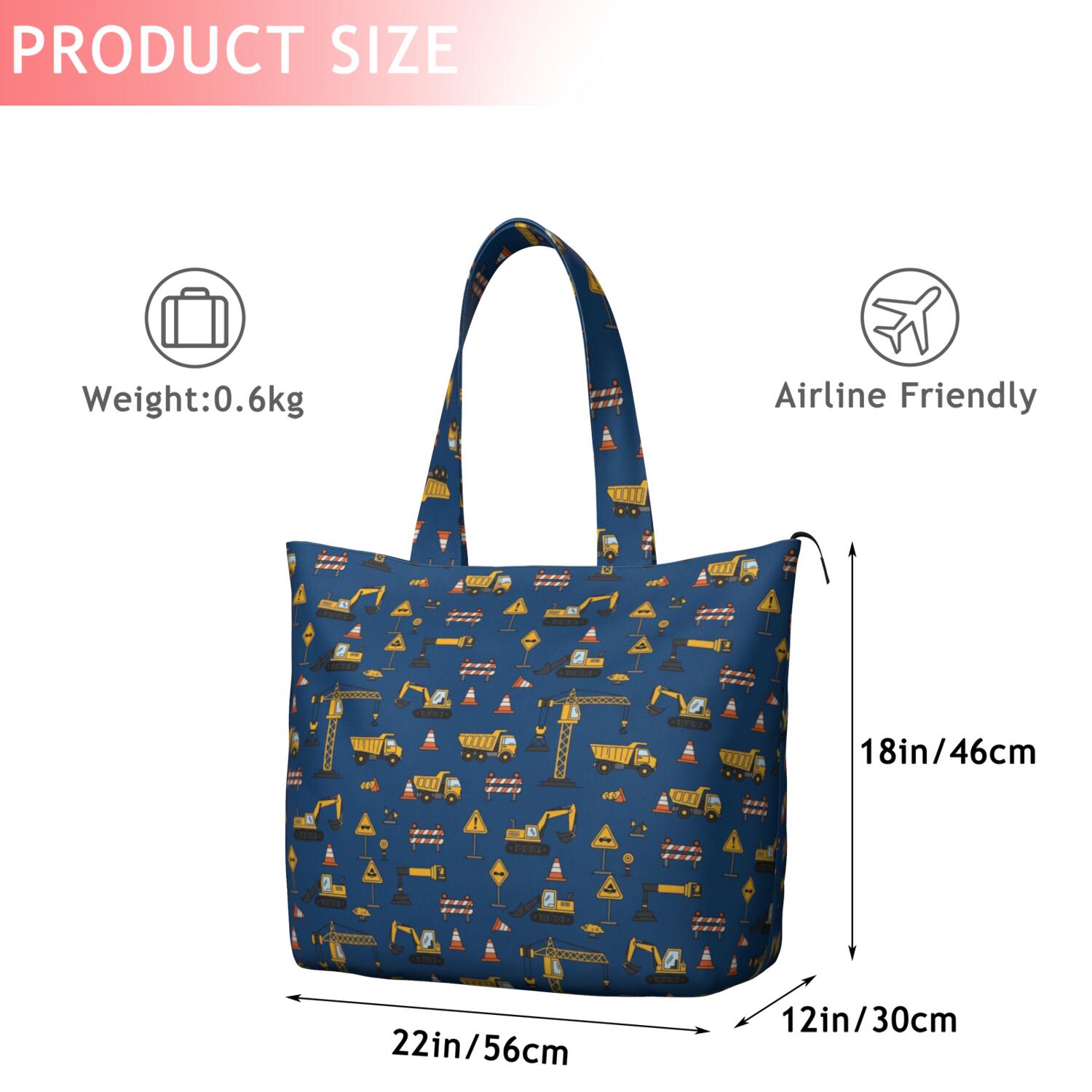 Cartoon Construction Vehicles Traffic Cones Travel Tote Bags for Women Carry On,Large Weekender Bags for Women Travel,Multi Functional Duffle Bag for Work,Shopping,Sports