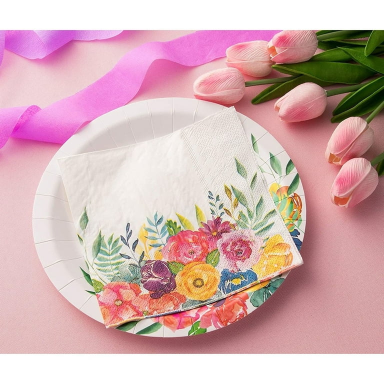 Floral Tea Party Napkins - 16 Count Disposable 6.5" Paper Napkins For Birthday & Bridal Showers
