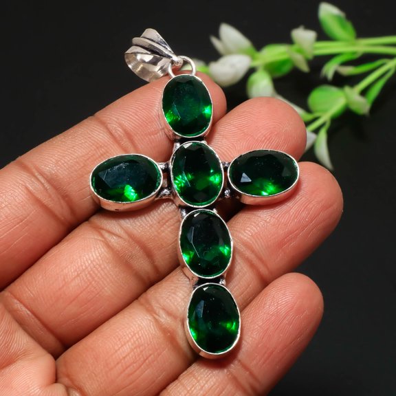 Chrome Diopside Gemstone Pendant Handmade Antique Oval Shape Cross Jewelry 3.20"