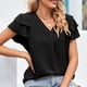 thumbnail image 3 of Blusa de manga con volantes Cuello en V Color puro Ajuste holgado Casual Mujer Top de manga corta para verano Negro XXL, 3 of 6