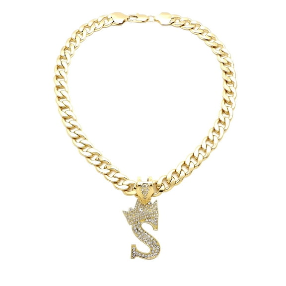 iJewelry2 Kings and Queens Crowned Initial Letter S Crystals Pendant Gold-tone Cuban Linked Chain Necklace