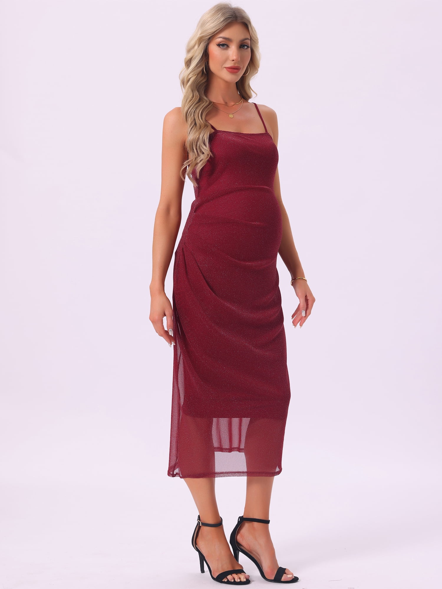 DARING DIVA Women's Mesh Ruched Side Bodycon Spaghetti Strap Soft Maternity Dress M Red