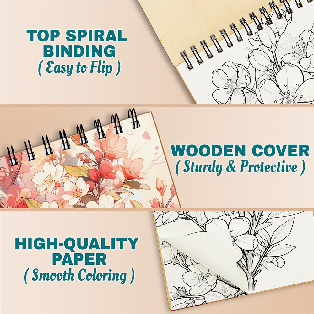 Cherry Blossoms Coloring Book Spiral Bound For Adults, A5 Wooden Cover, 30 Serene Coloring Pages of Blooming Cherry Trees for Stress Relief and Relaxation