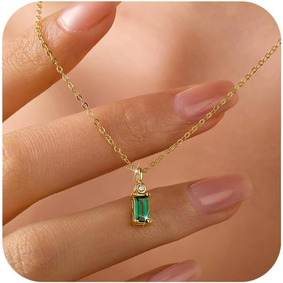 925 Sterling Silver Baguette Emerald Cubic Zirconia Necklaces for Women Dainty 14k Gold Plated Green Birthstone Charm Chain Pendant Necklace Birthday Jewelry Gifts for Mom Wife