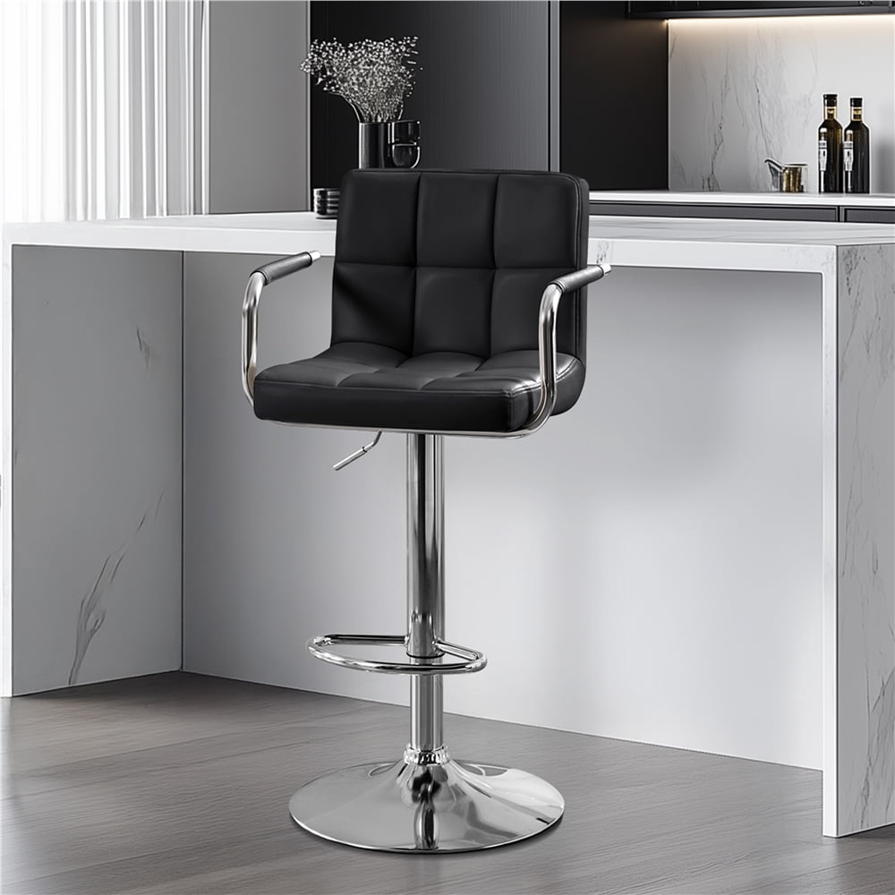 Renwick PU Leather Swivel Bar Stool with Large Steel Pedestal Base, Black