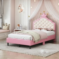 Twin Size Lovely Crown Fantasy PU Leather Princess Bed with Tufted Headboard, Pink Cream
