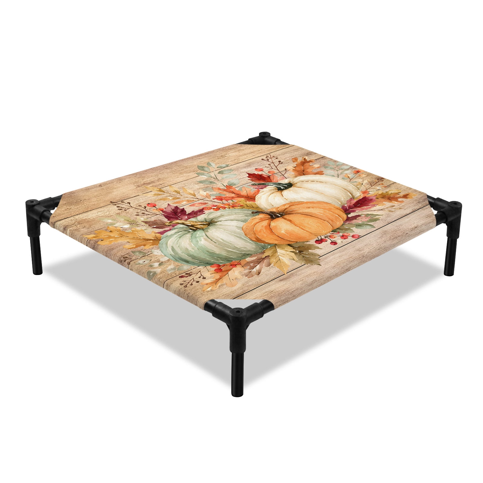 Thanksgiving Elevated Dog Bed Fall Pumpkin Maple Eucalyptus Leaf Brown Wood Grain Cooling Breathable Outdoor Raised Dog Cot Bed with Metal Frame Non-Slip Feet for Small Dog 20x20in