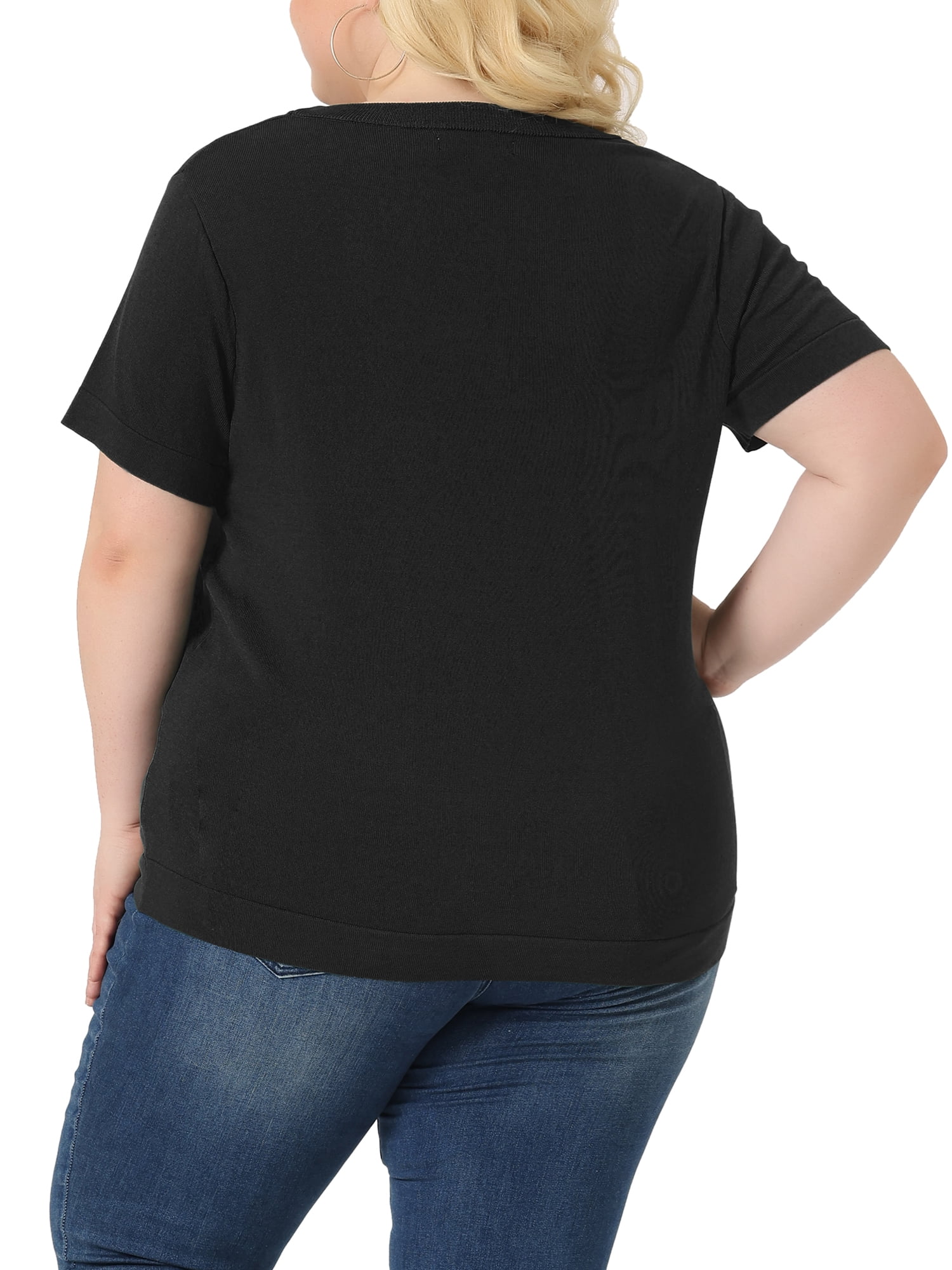 Unique Bargains Women Plus Size Tops Basic Round Neck Short Sleeve Knit Tee Blouses 4X Black