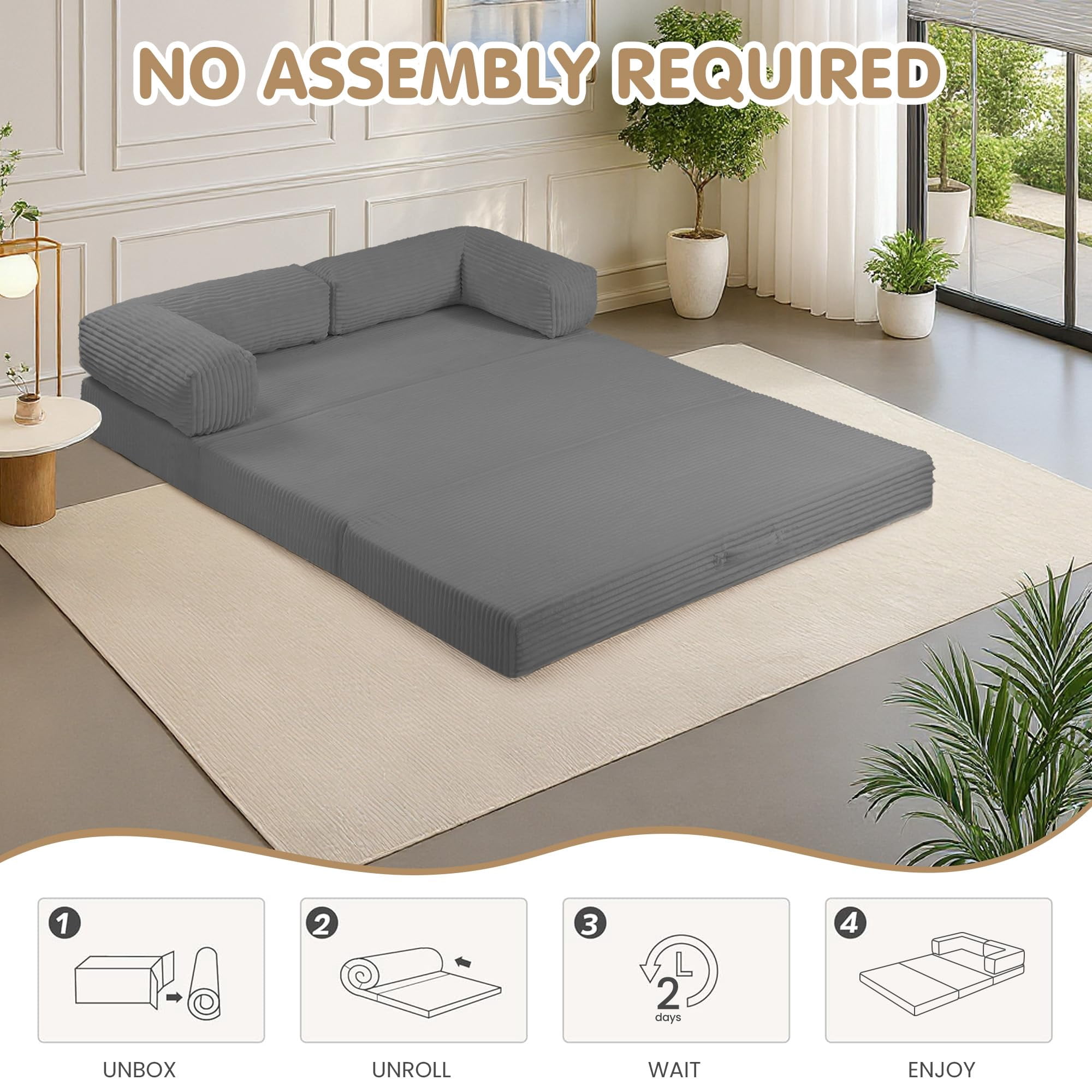 Convertible Sofa Bed Queen,Tri-Fold Boneless Couch with Removable Armrests & Handle,Corduroy Futon Floor Folding Mattress