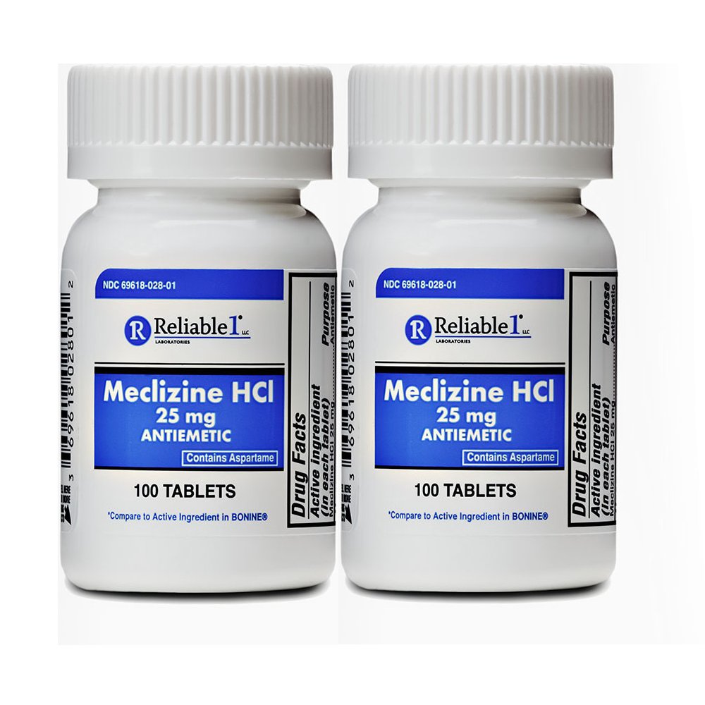 Meclizine 25 mg Generic Bonine Motion Sickness 100 Chew Tablets PACK of 2