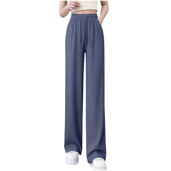 MGDXOX Women's Casual Loose Pants Wide Leg High Waisted Drawstring Loose Fit Sweatpants Comfy Flowy Solid Color Lounge Trousers Blue S