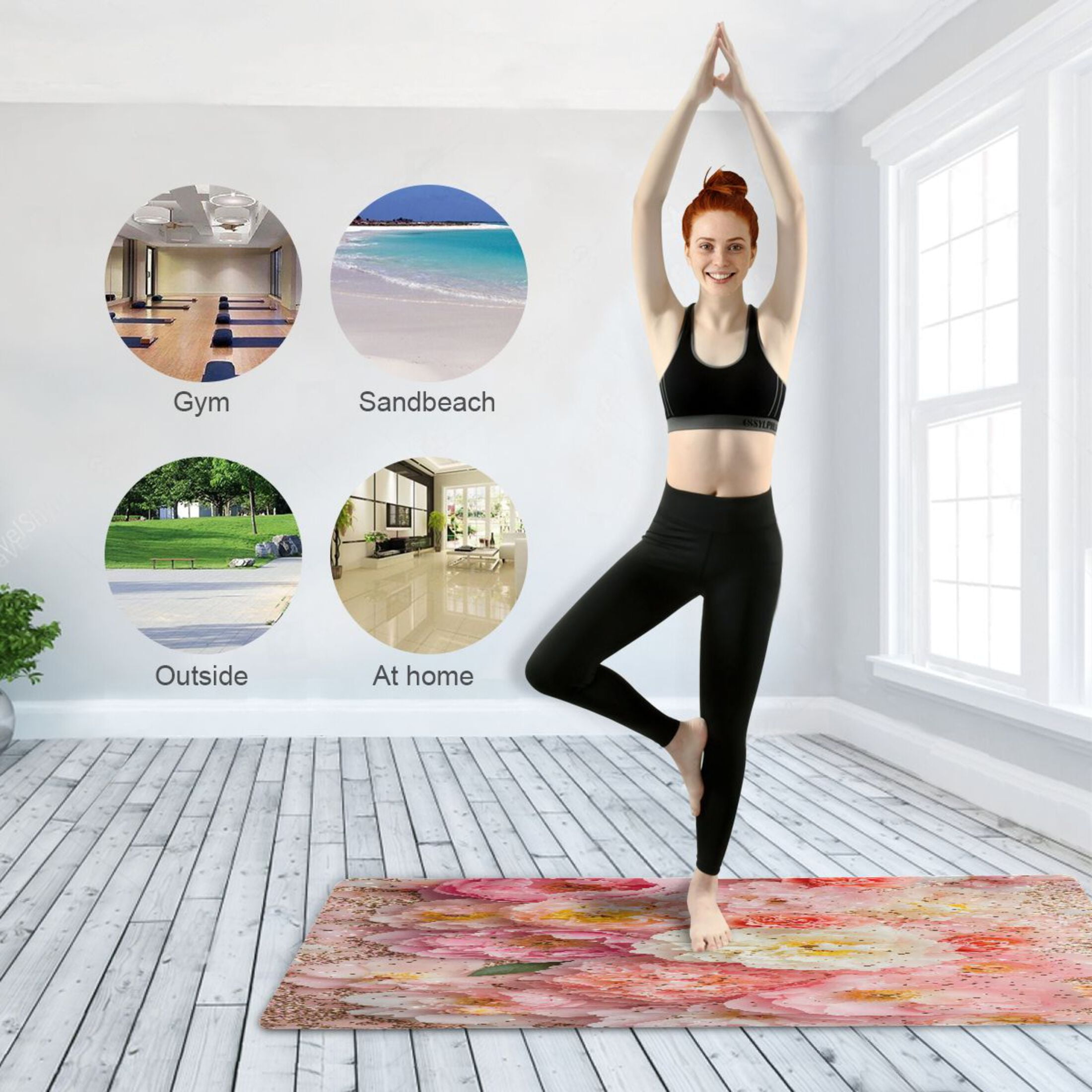 BZSMCE Yoga Mat Women Pink and White Flowers Glitter Fitness Mat