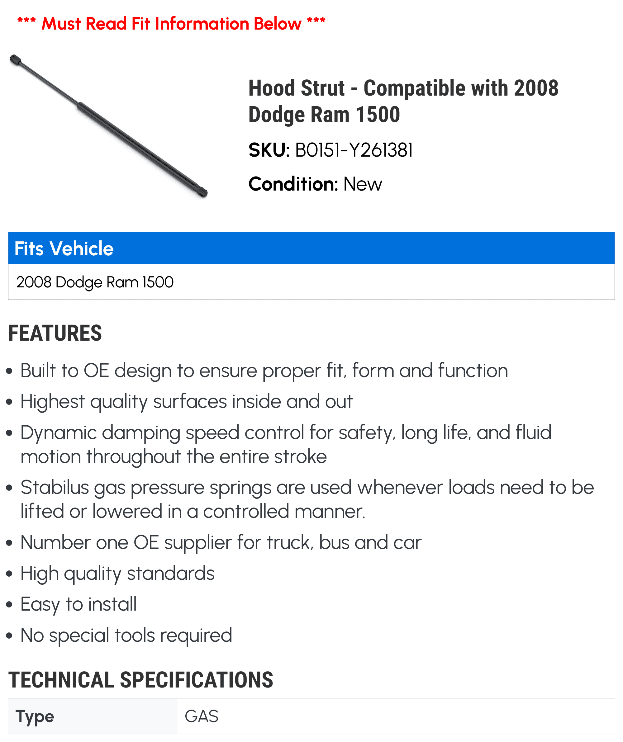 Hood Strut - Compatible with 2008 Dodge Ram 1500