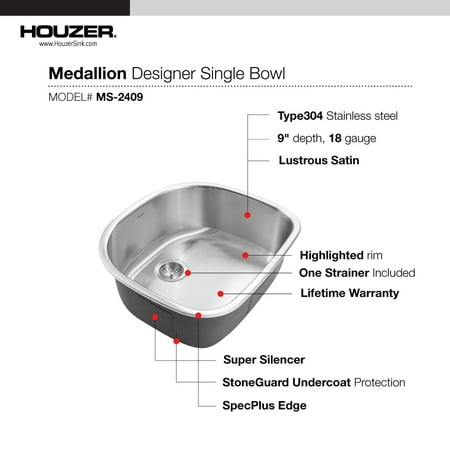 Houzer Medallion Designer 24 in Stainless Steel Undermount Single D Bowl Kitchen Sink with Strainer- MS-2409-1