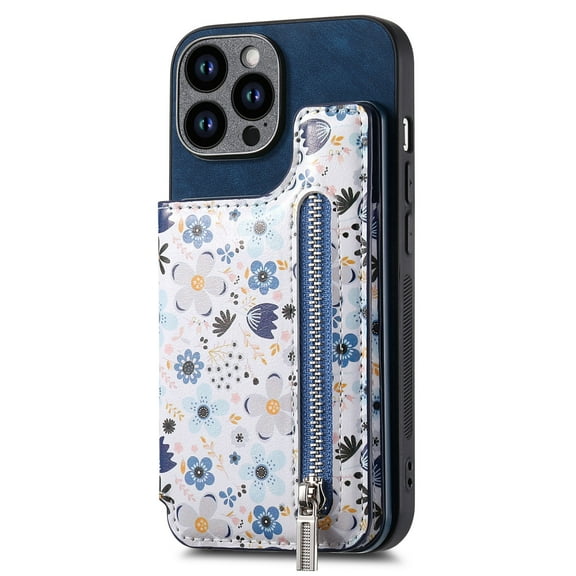 Allytech iPhone 14 Pro Max Wallet Case with Zipper Pocket & Cards Holder, Floral Pattern PU Leather Back Cover for Girls Women Shockproof Stand Magnetic Phone Case for Apple iPhone 14 Pro Max - Blue
