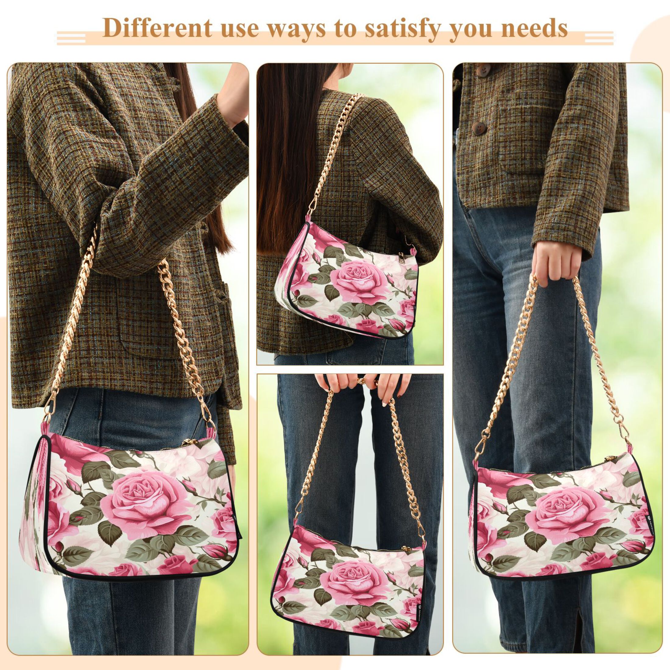 Ryvnso Roses Flower Womens Chain Shoulder Bag Tote Handbags Clutch Hobo Purse with Zipper for Travel