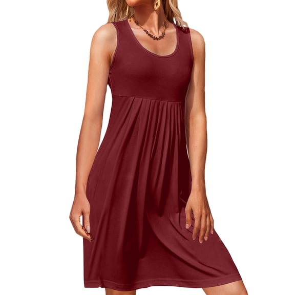 ZHOGXU Women's Dress Sleeveless Round Neck Solid Color Fashion Comfortable Breathable Dresses For Casual Daily Wear,Wine,L