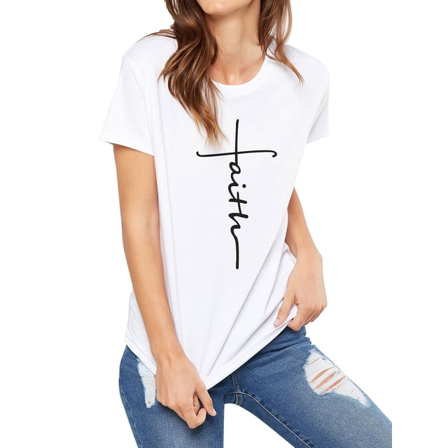 T-Shirt Col Rond Imprimé Croix Foi pour Femmes