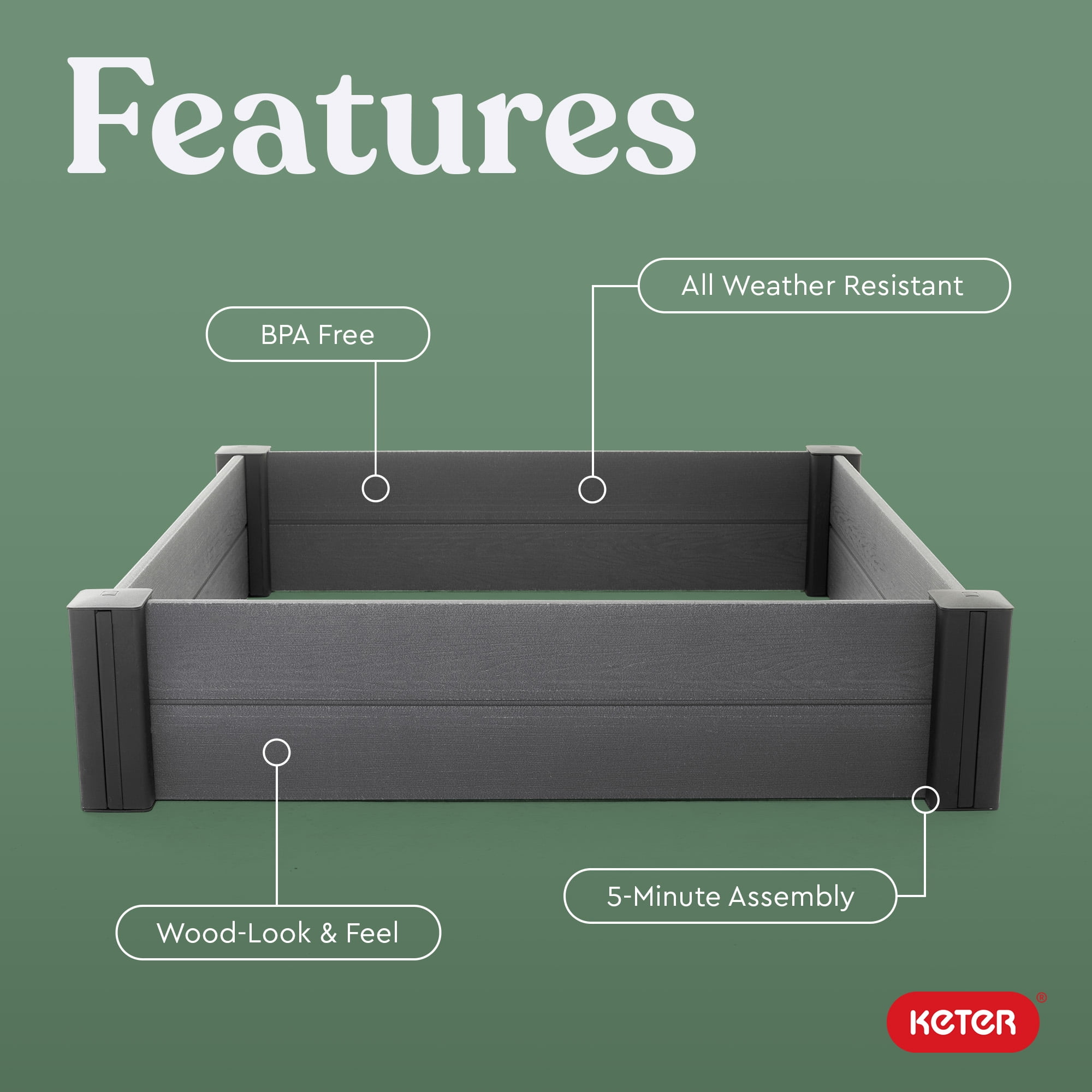 Keter 48" Wood Look Raised Garden Bed, Durable Outdoor Herb Garden Planter for Vegetables, Flowers, and Succulents, Grey