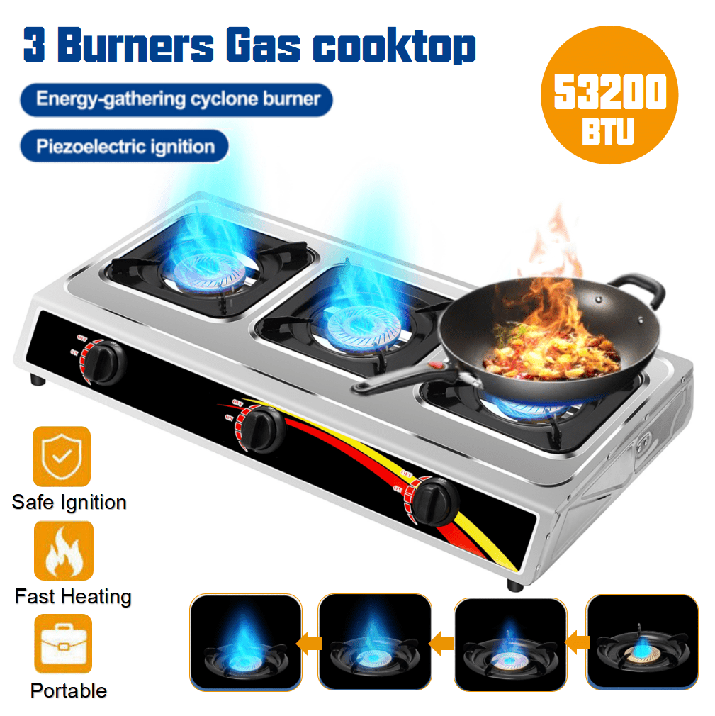 Wobythan 3 Burner Gas Stove Stainless Steel Desktop Liquefied Portable