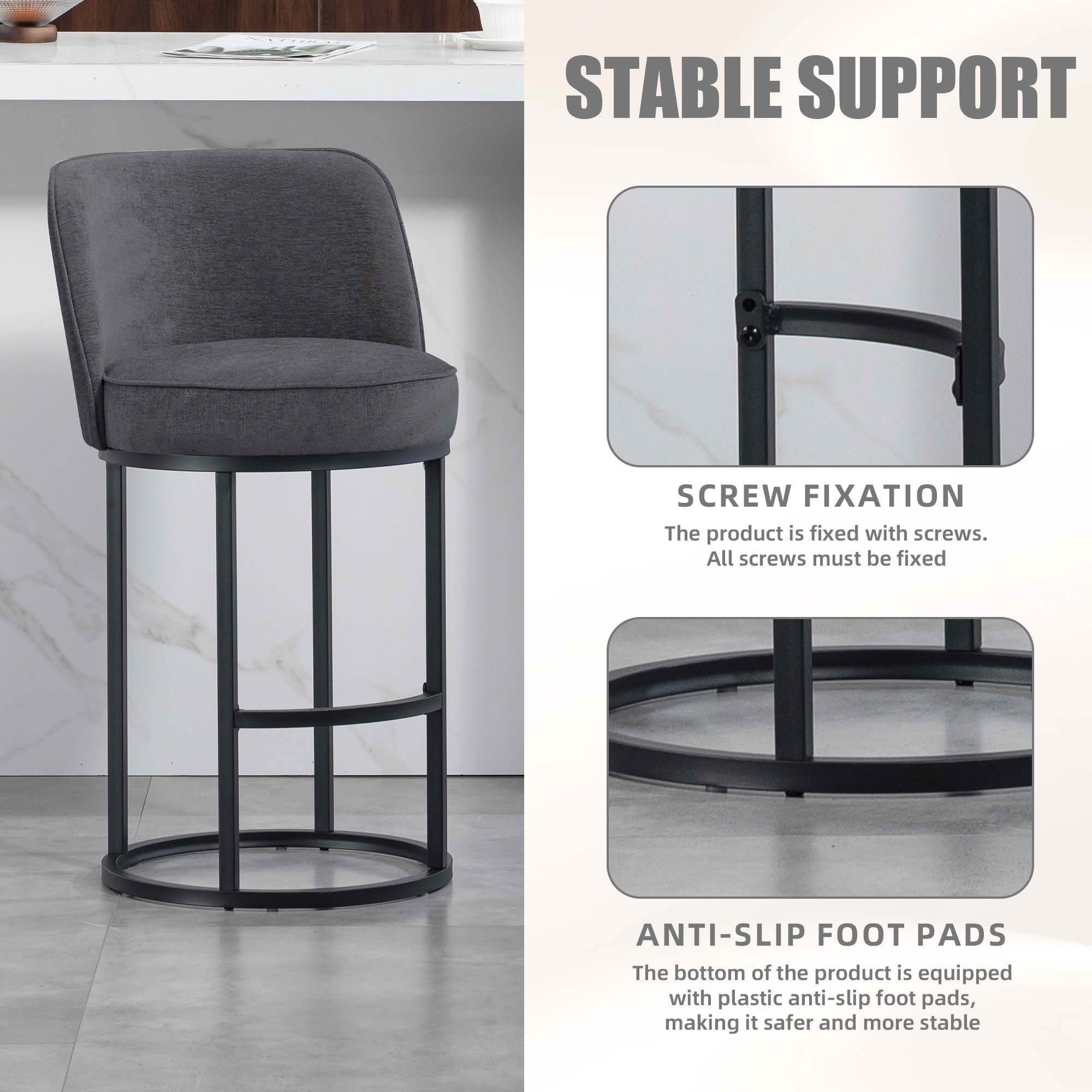 MAYEERTY Counter Height Bar Stools Set of 2, Barrel Back Linen Accent Stools with Footrest for Kitchen, Gray