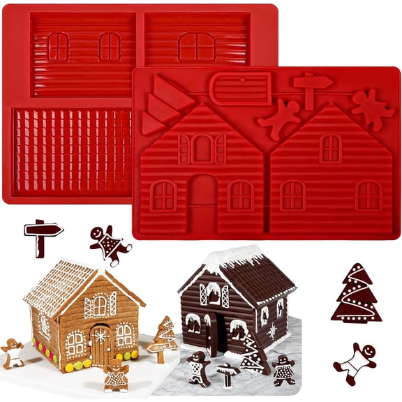 Gingerbread House Mold Tray, Christmas Baking Silicone Molds for Cookie, Chocolate, Candy, Fondant, Gingerbread House Kit for Holiday (Pack of 2)