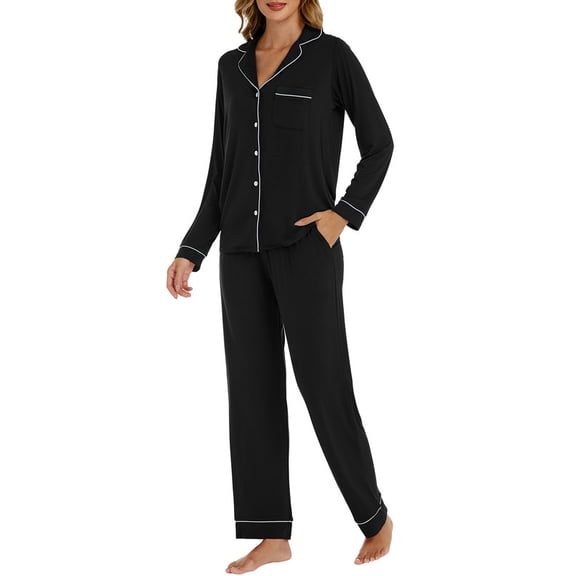 GEX Womens Bamboo Viscose Pajamas Super Buttery Soft 2 Piece PJ Set Button Long Sleeve Sleepwear Set (Black 2XL)