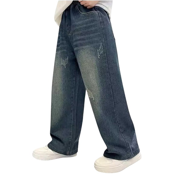 UACY Boys Baggy Jeans for Kids Wide Leg Cargo Jeans, Loose Fit Wide Leg Elastic Waist Denim Pants Y2K Streetwear (Blue, 11-12 Years)