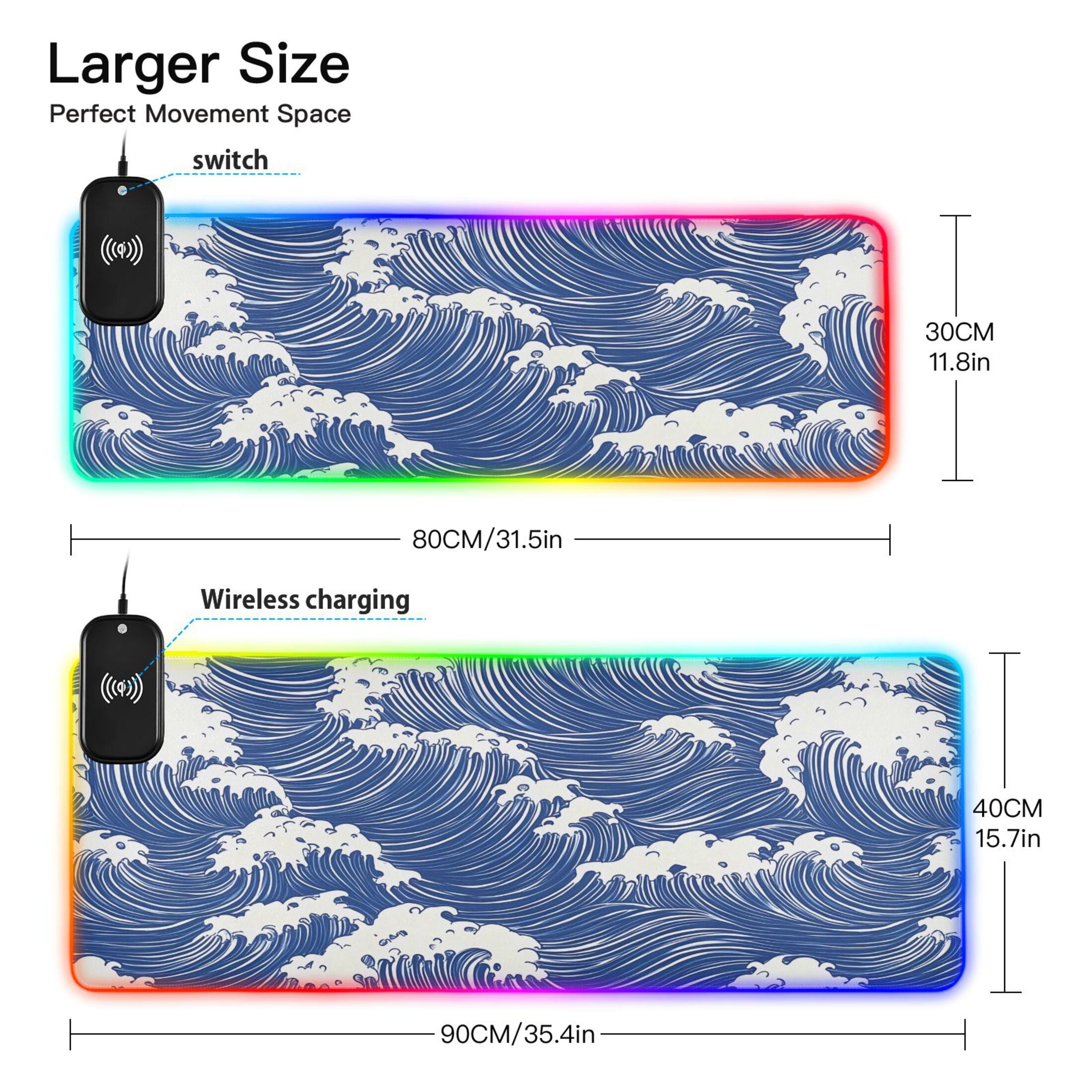 RGB Gaming Mouse Pad 15W Wireless Charging Large Waterproof Desk Mat 13 Light Modes Mousepad 35.4x15.7 Blue White Wave