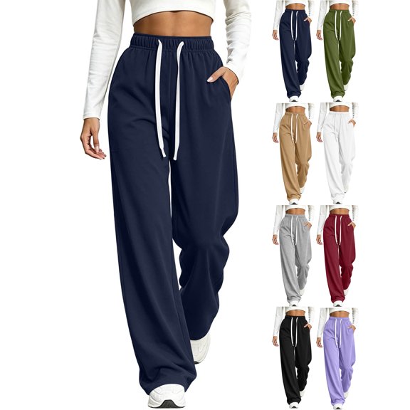 High Waist Sweatpants for Women,Wide Leg Elastic Drawstring,with Pockets,Solid Color Casual Baggy Straight Leg Pants for Daily Wear