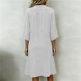 thumbnail image 3 of Ohufall Dress Women Cotton Linen Button V Neck 3/4 Sleeve Midi Dress Pocket Pleated Solid Color Fashion Dresses, 3 of 4