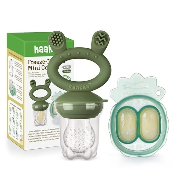 Haakaa Baby Fruit Food Feeder & Mini Freezer Nibble Tray Combo, Breastmilk Popsicle Molds for Baby Cooling Relief, BPA Free Silicone Feeder for Safe Infant Self Feeding, 4 Month  (Olive Green)