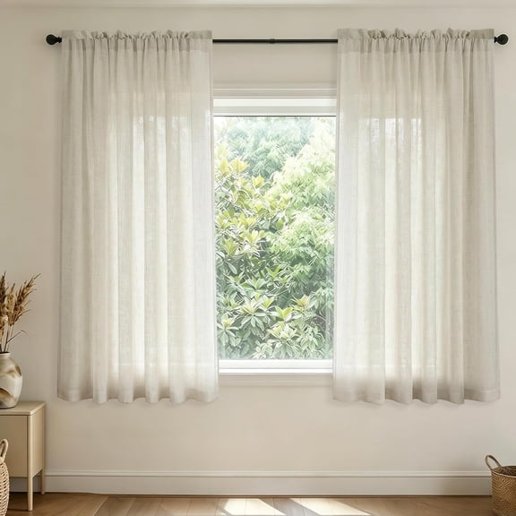 54 Inch Short Linen Curtains, Semi Sheer Light Filtering Rod Pocket Drapes for Sunroom Bathroom Window, 52x54 in Length 2 Panels Set, Cream