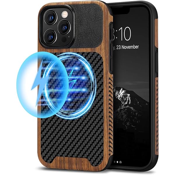 Magnetic Case Compatible with iPhone 13 Pro Max Case Wood Grain with Carbon Fiber Texture Design Leather Hybrid Slim Case (Compatible with MagSafe) Black