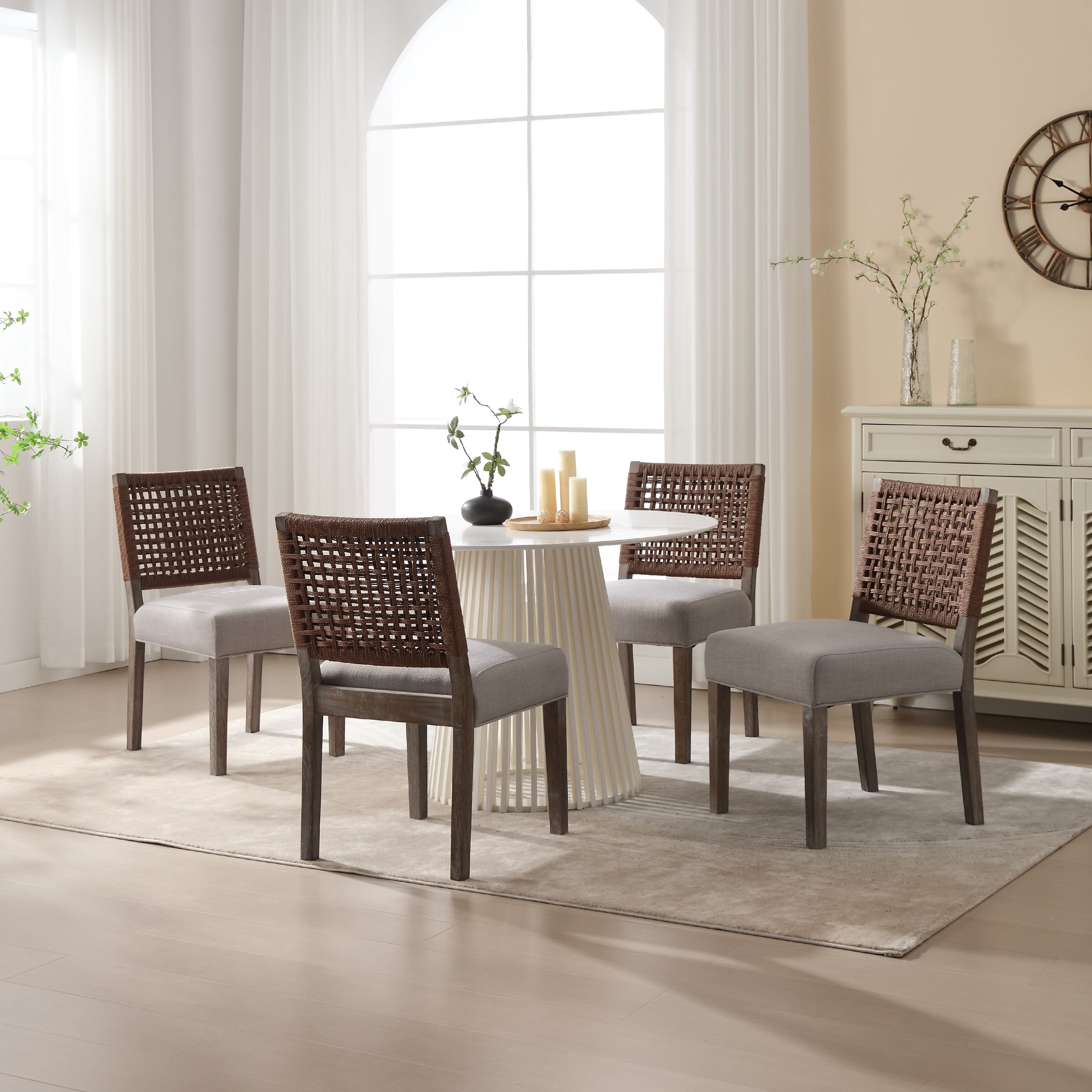 Guyou Farmhouse Dining Chairs Set of 6, Linen Upholstered Kitchen Chairs with Woven Rope Backrest, Mid Century Modern Solid Wood Side Chairs for Kitchen Dining Room, Grey