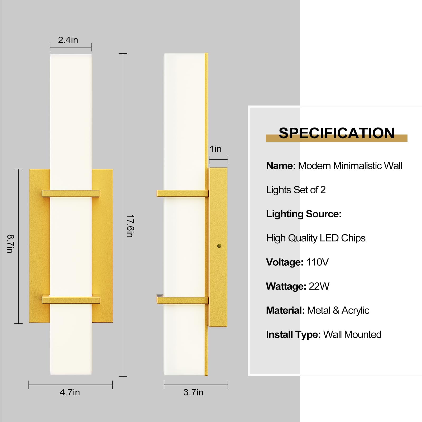 2-Pack 22W Dimmable LED Wall Sconce, 17.6 Inch Modern Gold Bathroom Vanity Light with Acrylic Shade, Hardwired Mirror Lights for Bathroom, Bedroom, Living Room
