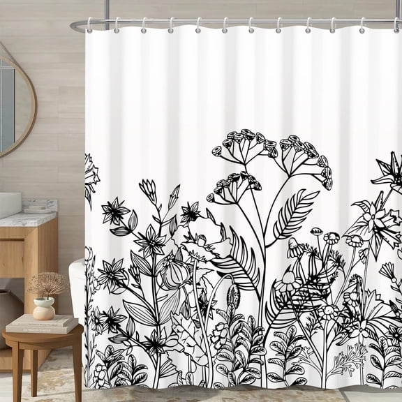 Pbobriich Black and White Shower Curtains Botanical Floral Shower Curtain for Bathroom,72x72 inch