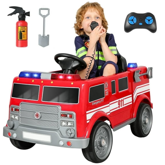 Neche Ride on Fire Truck, 12V Battery Powered Ride-On Toy Vehicle with Remote Control, Megaphone, Flashing Lights, Siren and Fire Extinguisher - For Boys and Girls Ages 3-6