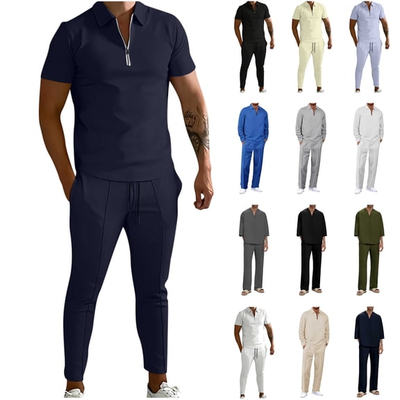 QATAINLAV Mens Dressy Polos Shirt Suits Slim Fit Business Casual 2 Piece Outfits Half Zip up Short Sleeve Golf T-Shirts and Pants Matching Sets, Black, XL