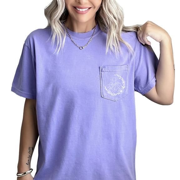 Verita Culture Adventure Awaits Women's Summer Floral Mountain Sunrise Nature Lovers Shirt Adventure Wild Outdoor Graphic Pocket Tees Tops