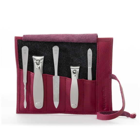 GERMANIKURE 5pc Manicure Set in Magenta Leather Case - Made in Solingen Germany, FINOX Stainless Steel Tools – Professional Quality Compact Nail Grooming Kit