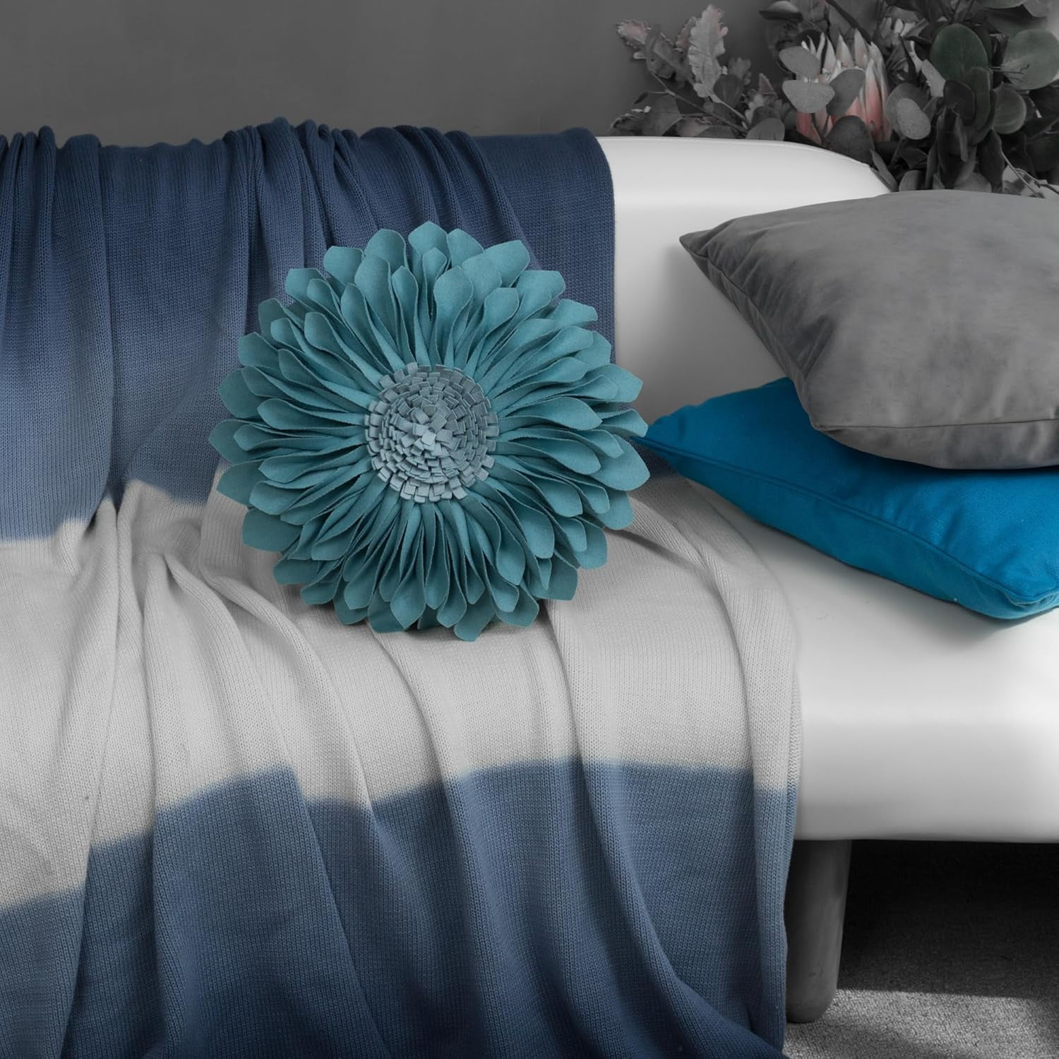 JWH Decorative 3D Bohemian Round Sunflower Accent Throw Pillows  for Living Sofa Room Couch 12 inch Blue